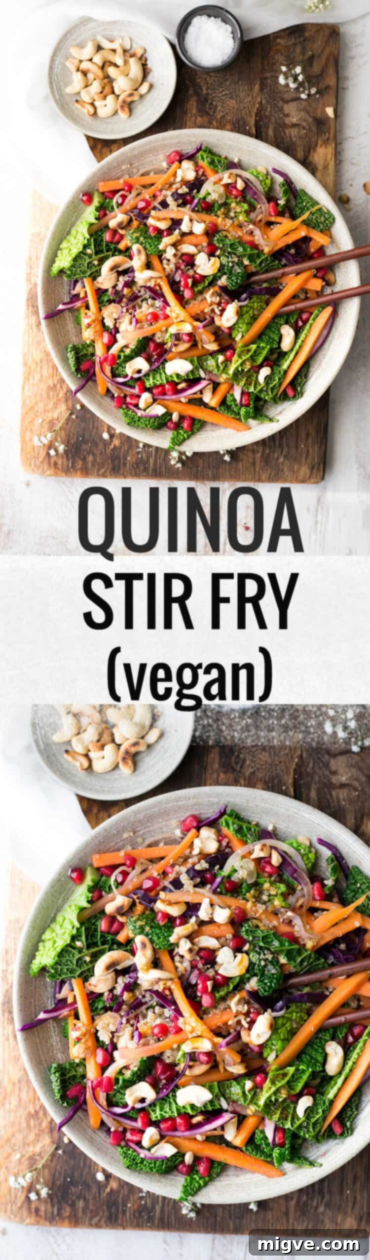 Super clean quinoa and vegetable stir fry with cashews and ginger and lime sauce. Perfect for lunch or dinner!