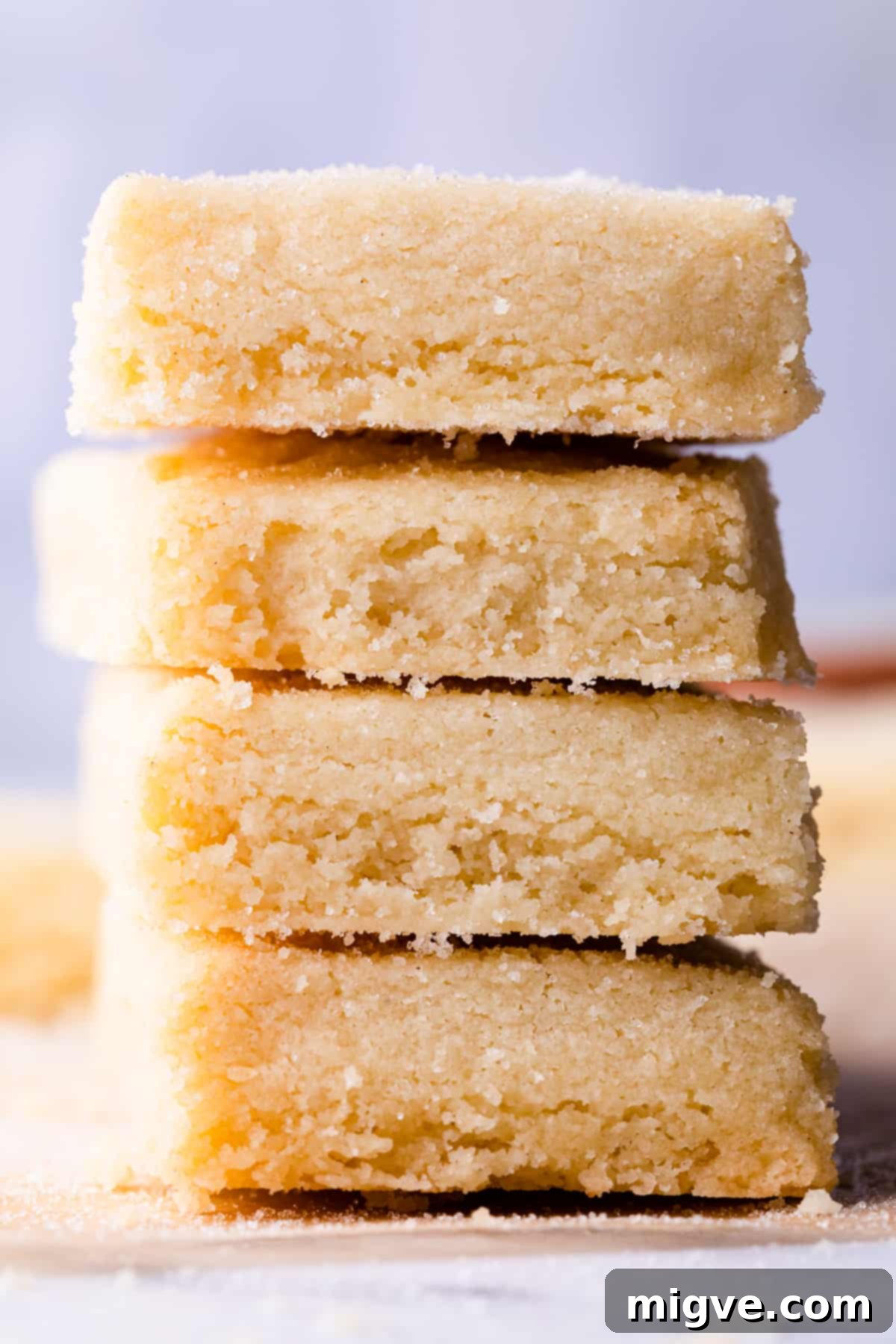 A stack of golden shortbread cookies in an airtight container, ready for storage.
