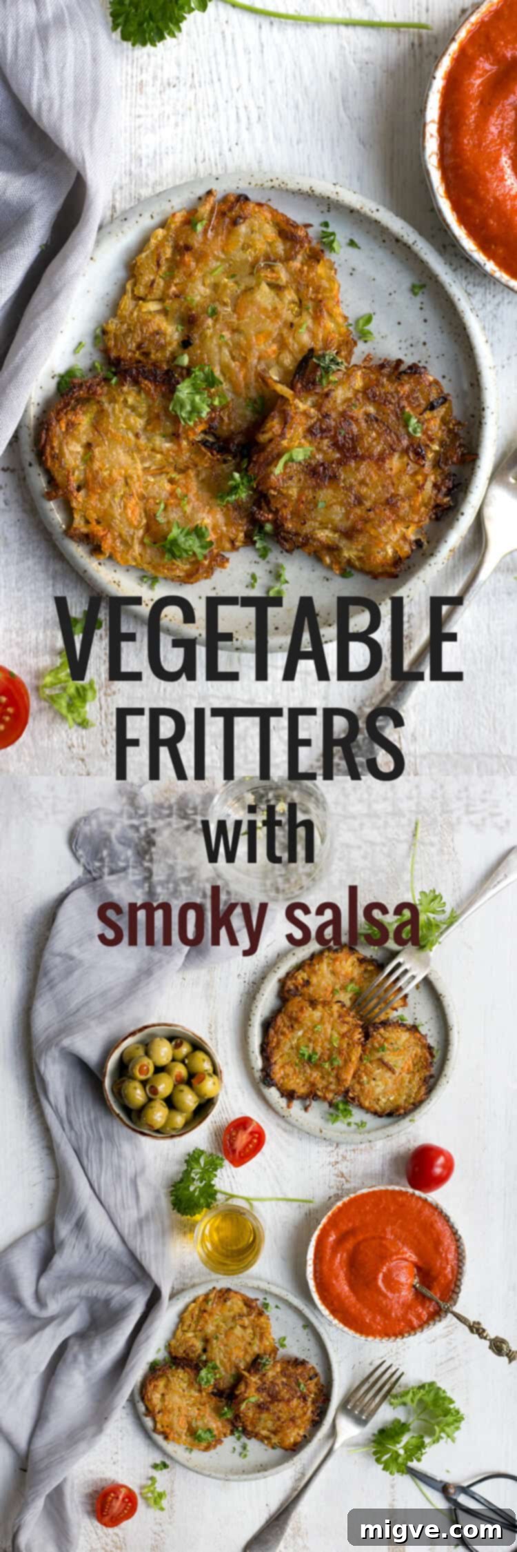 Vegetable fritters with smoky tomato salsa, a versatile and healthy recipe