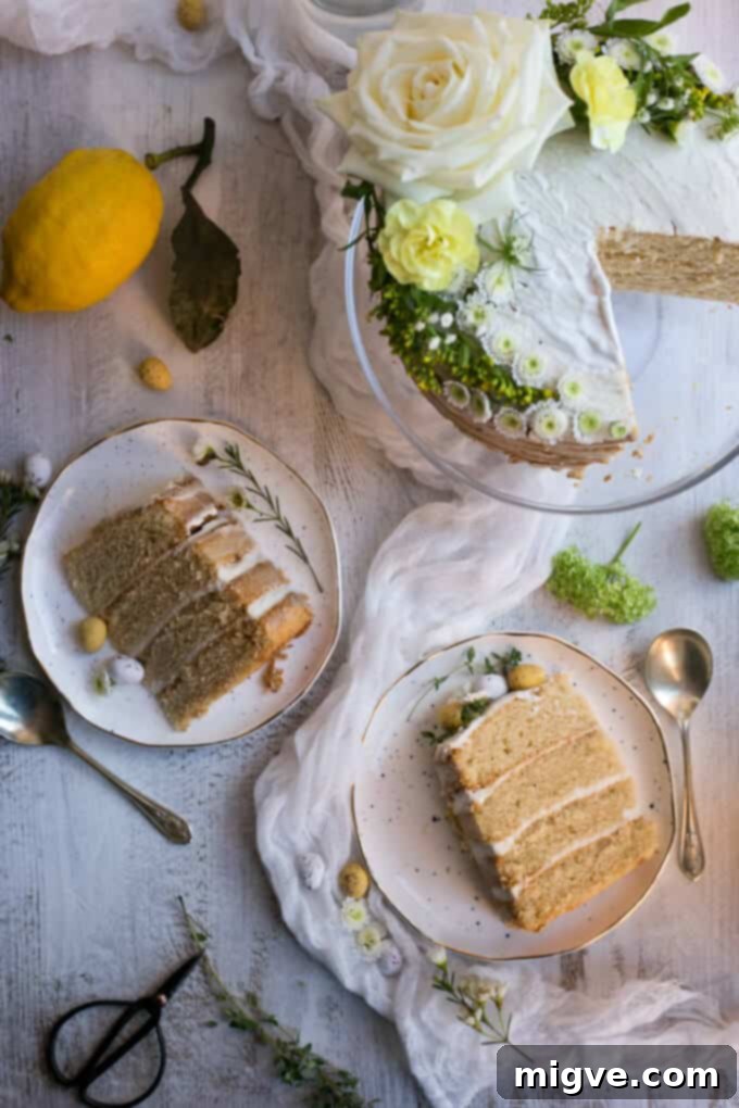 Thyme-Kissed Vegan Lemon Cake 6 Vegan Lemon and Thyme Cake, a great centerpiece for your Easter table adorned with fresh flowers
