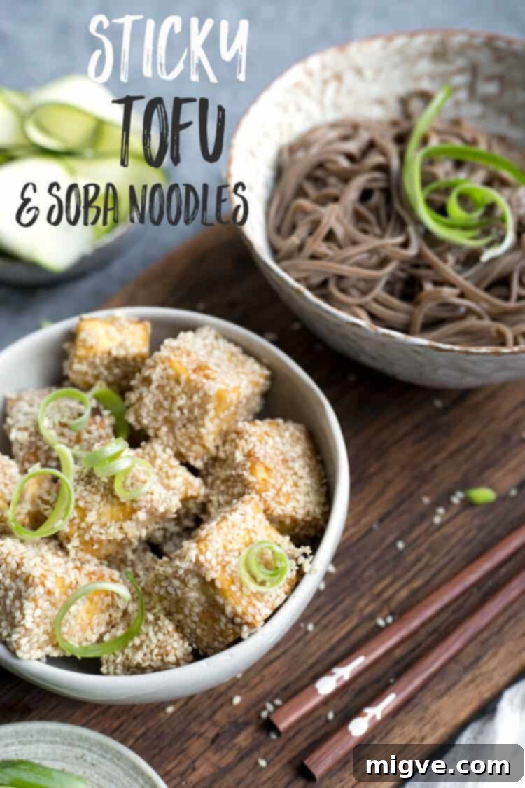Sticky tofu with soba noodles and pickled zucchini, a plant-based meal idea
