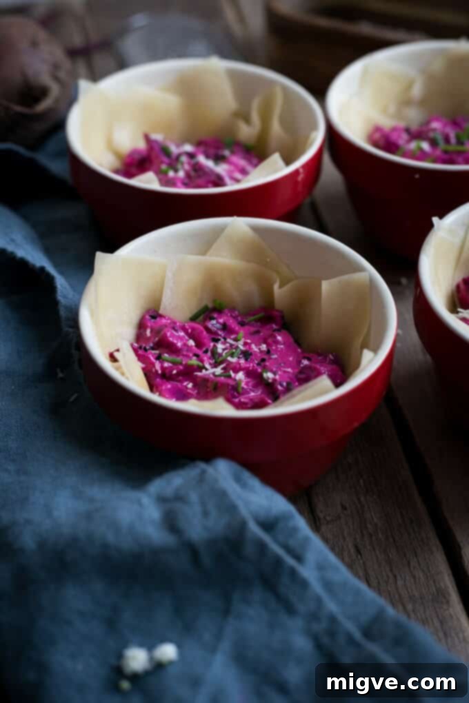 Beetroot and cream cheese crispy filo pastry tarts, beautifully styled on a rustic backdrop | via @annabanana.co