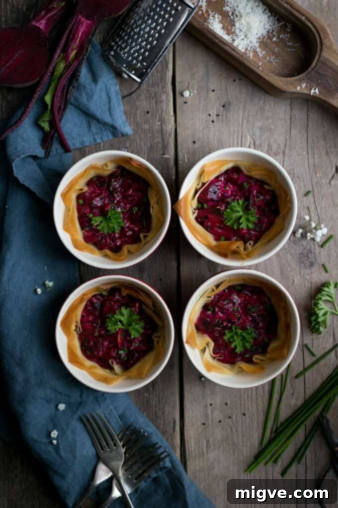 Crispy filo pastry tarts with beetroot, cream cheese and chives, a stunning and delicious dish | via @annabanana.co