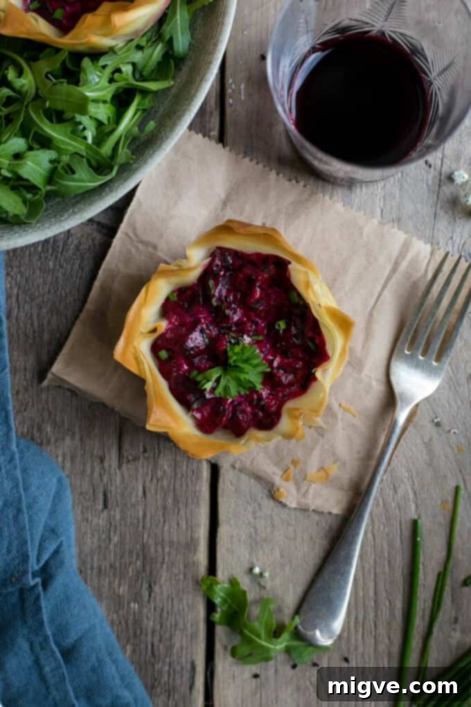 Beetroot tart made with crispy filo pastry, a vibrant and healthy option | via @annabanana.co