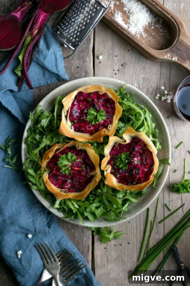 Beetroot and cream cheese tarts made with filo pastry, an irresistible vegetarian or vegan option | via @annabanana.co