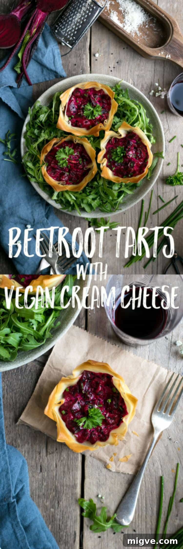 Beetroot tarts made with crispy filo pastry, stuffed with vegan cream cheese, fresh chives and nigella seeds for a burst of flavor | via @annabanana.co