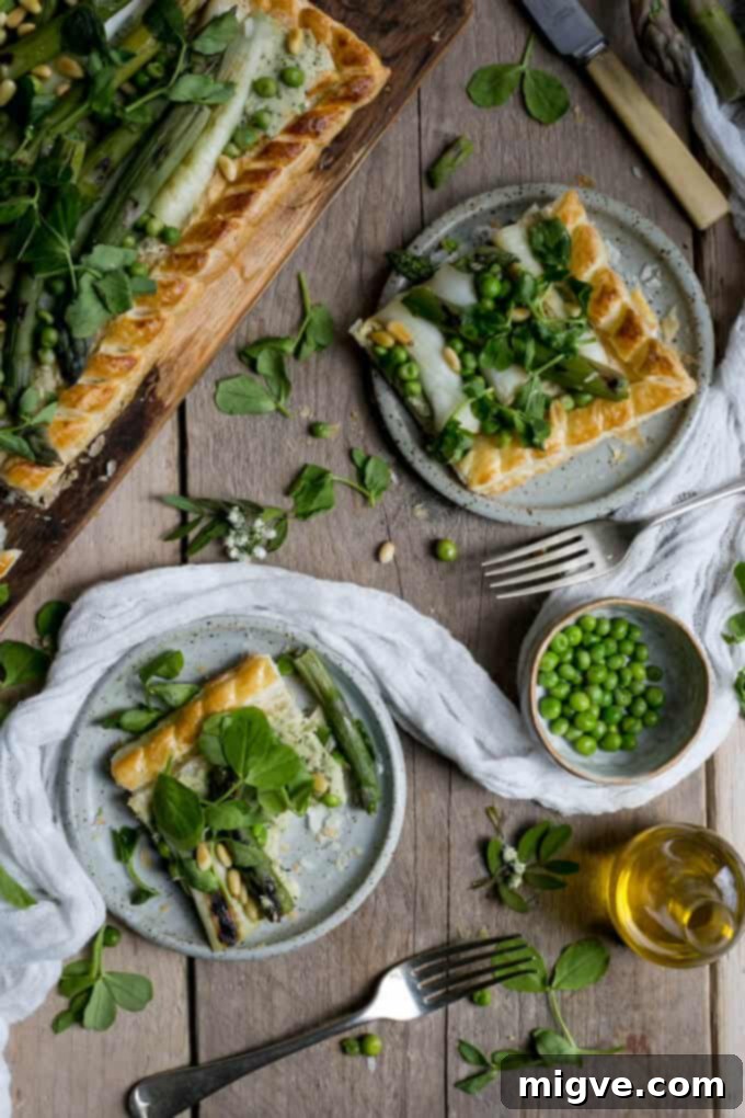 Charred asparagus tart with butter beans paste and pine nuts, a healthy and delicious meal idea.
