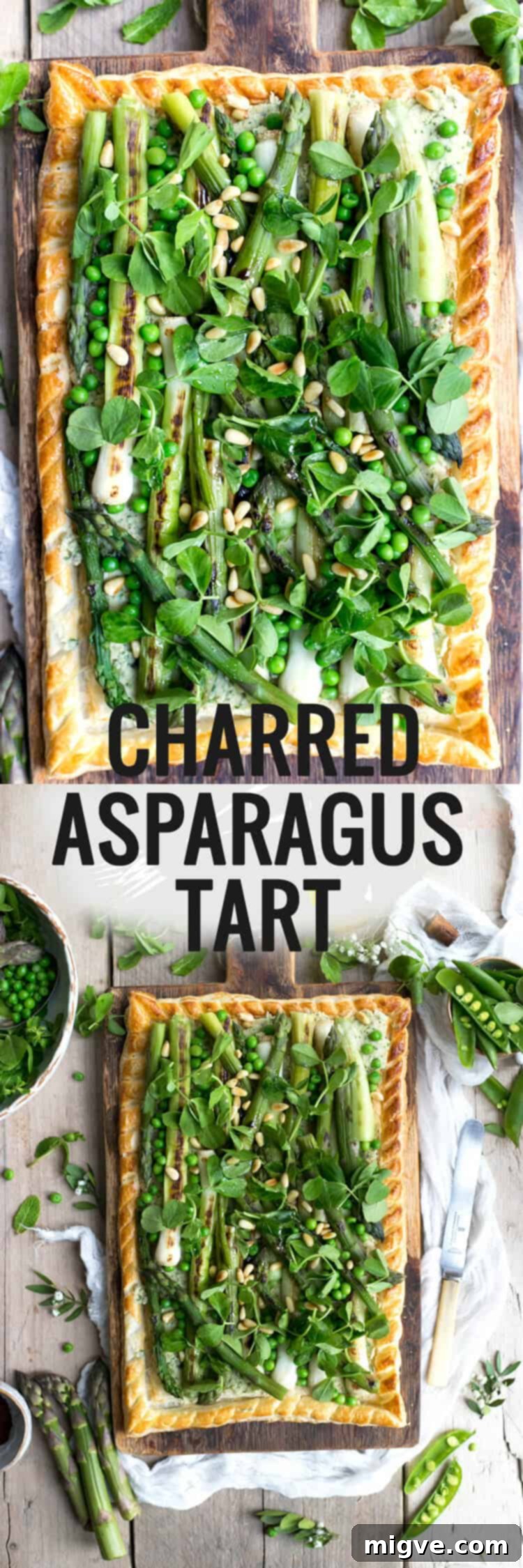 Charred Asparagus Tart with baby leeks, pea shoots and butter bean paste