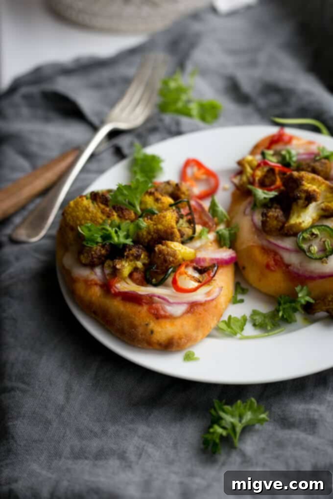 Savory Roasted Cauliflower Naan Pizza 3 Naan bread pizza recipe, with roasted cauliflower and chillies | via @annabanana.co