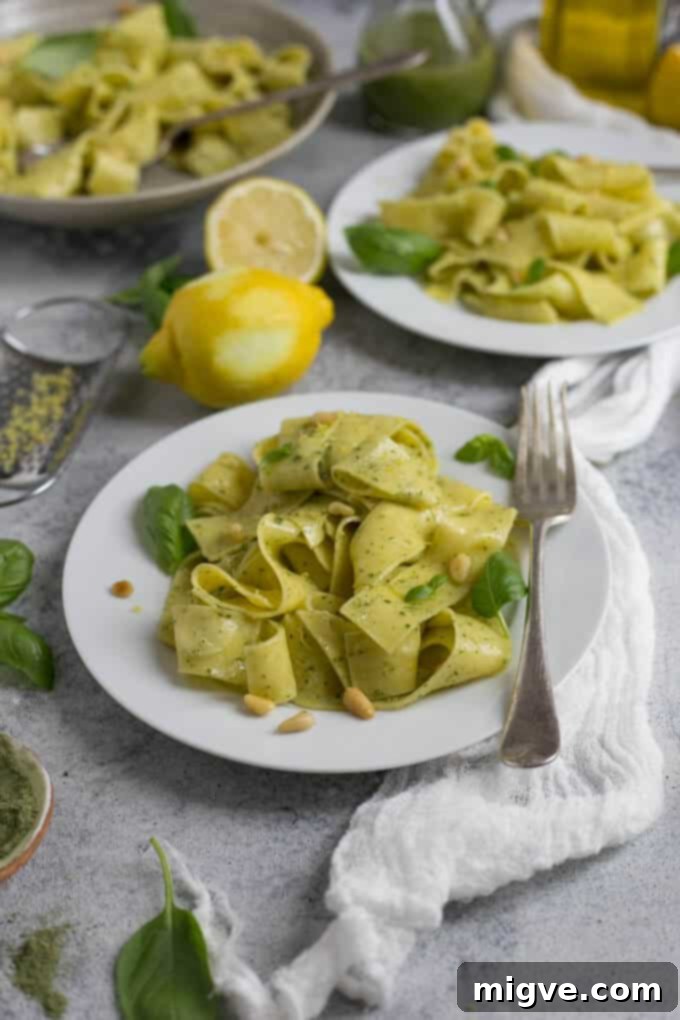 Zesty Lemon Pappardelle with Vibrant Basil-Kale Pesto 6 Delicious fresh pappardelle with lemon, basil-kale pesto, and pine nuts, ready in 15 minutes