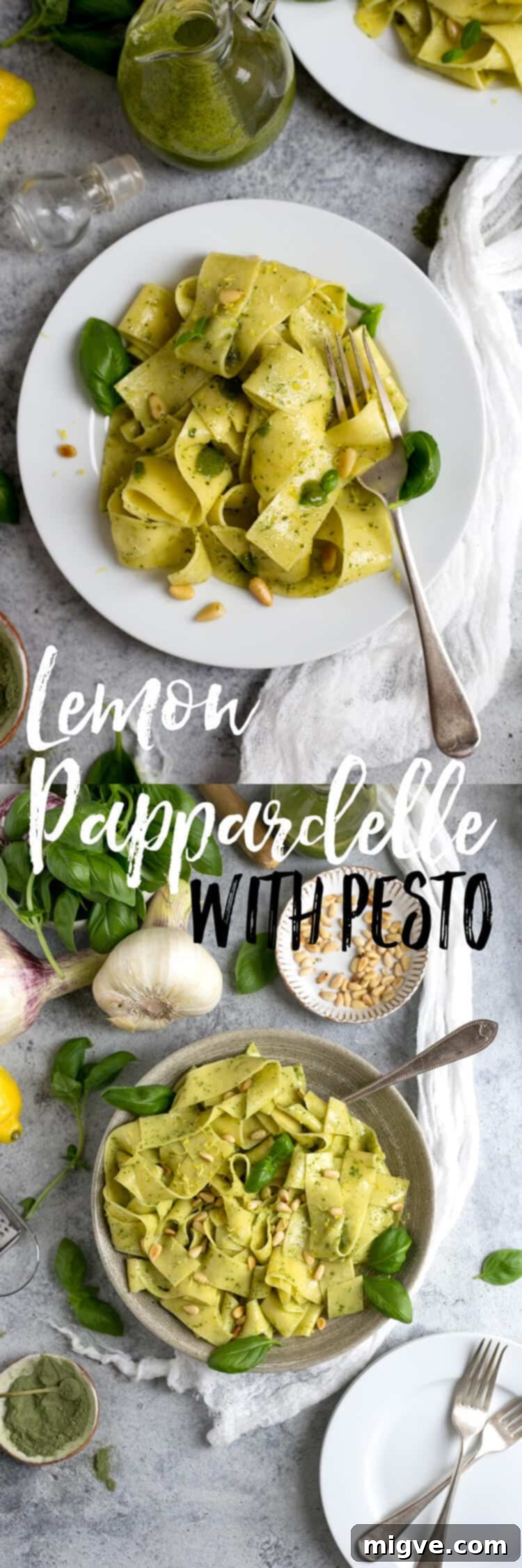 Zesty Lemon Pappardelle with Vibrant Basil-Kale Pesto 8 Fresh lemon pappardelle with basil and kale pesto. Quick and easy 15-minute recipe for a light meal.
