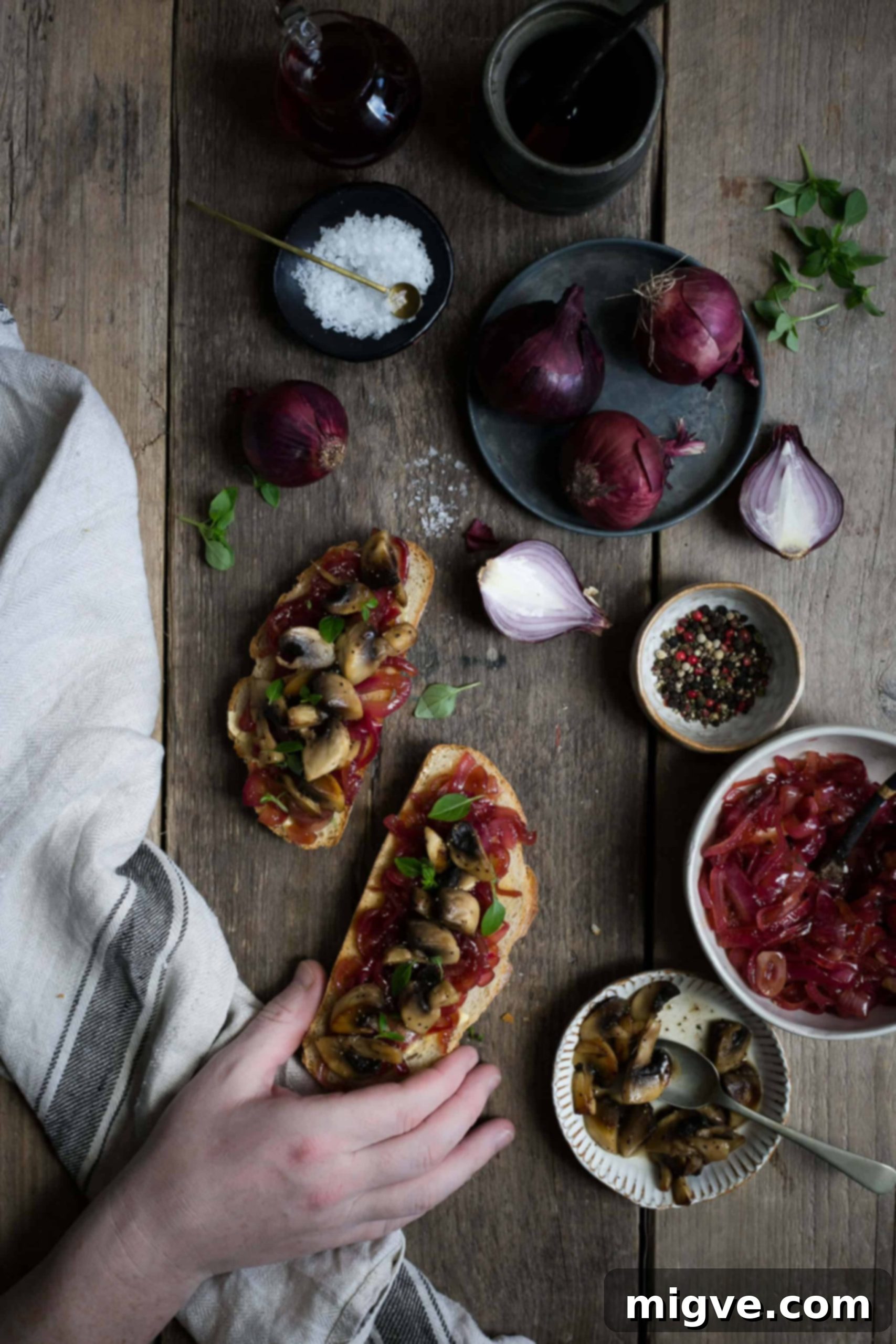 Homemade red onion jam with gourmet mushrooms on toast, a perfect vegetarian snack