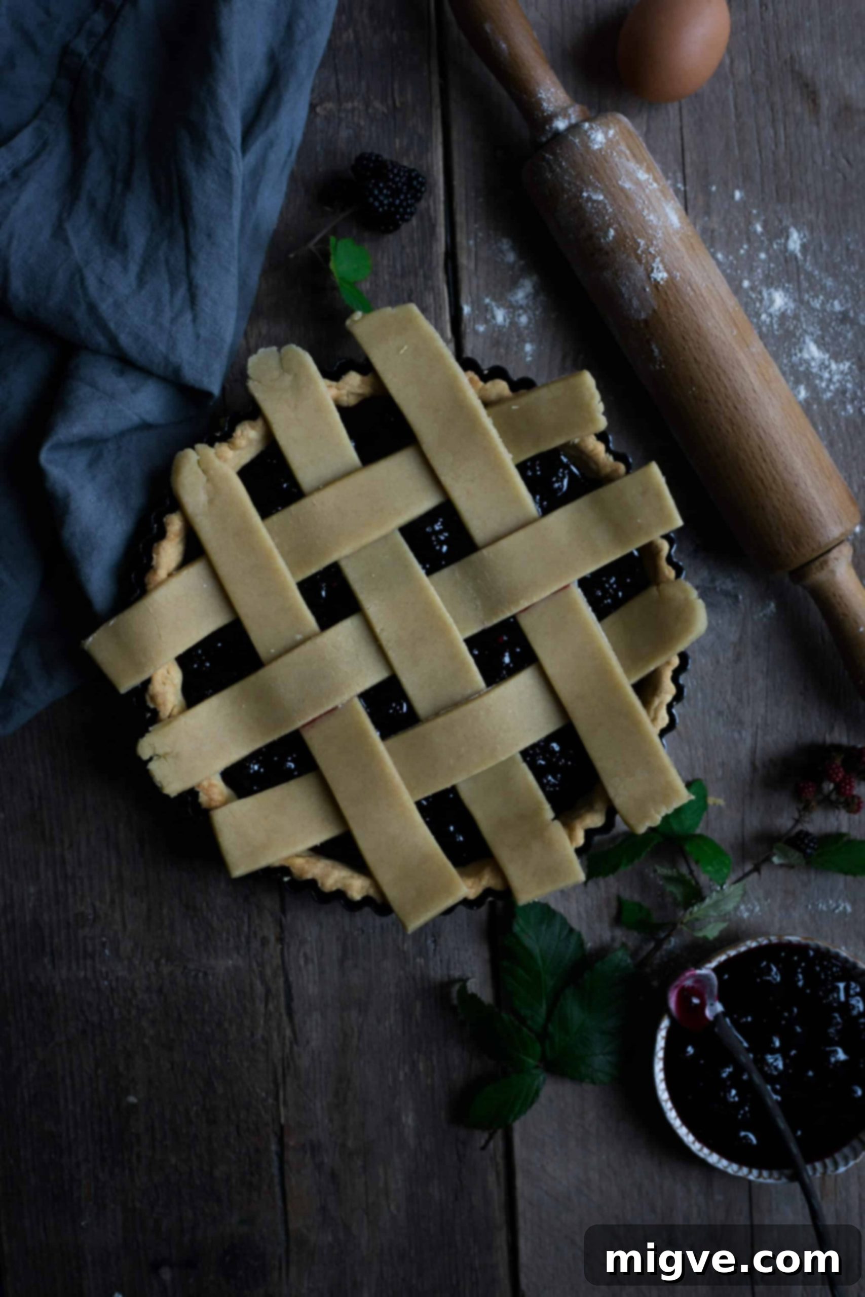Lattice tart filled with vibrant homemade blackberry jam