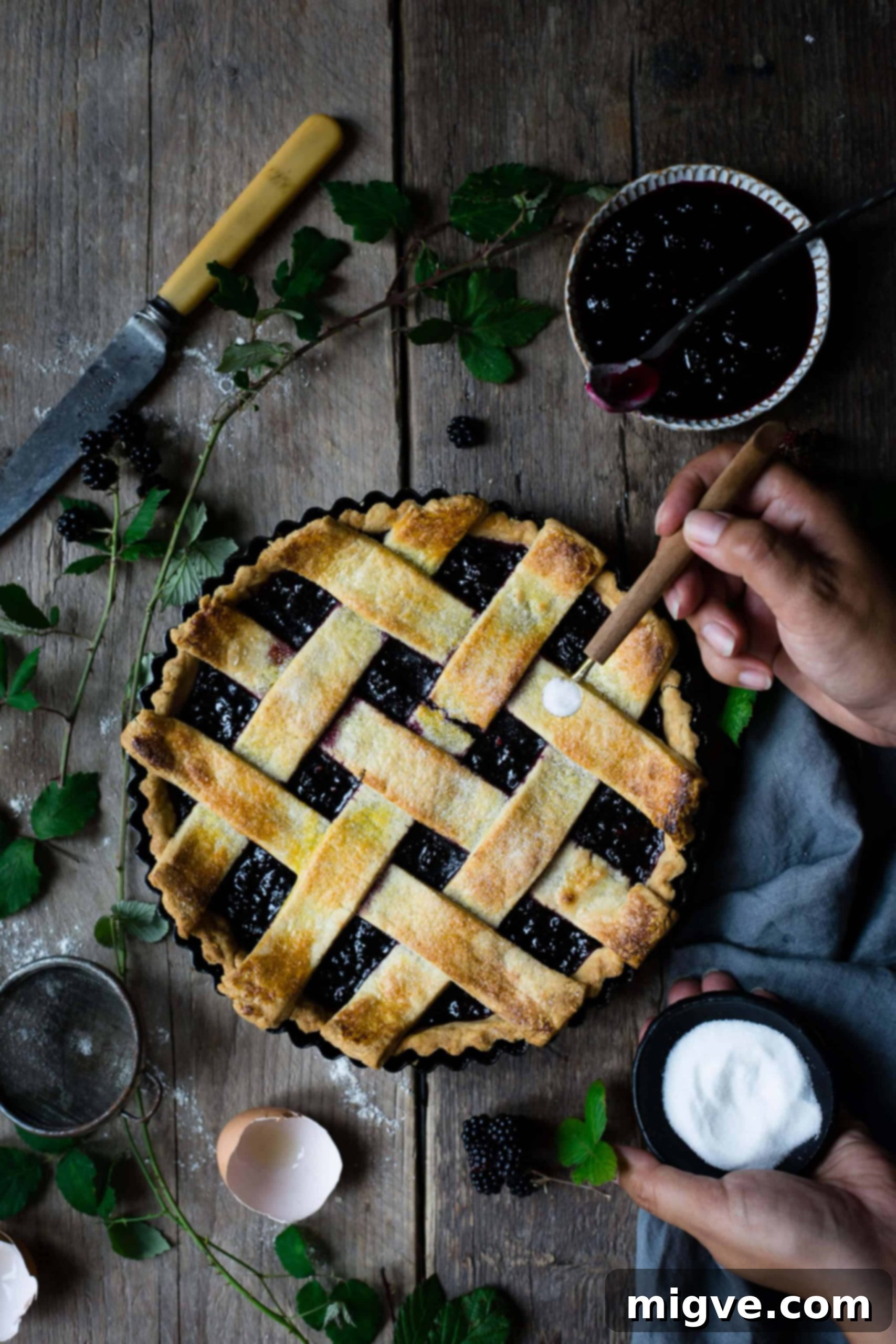 Blackberry jam tart with beautiful lattice topping