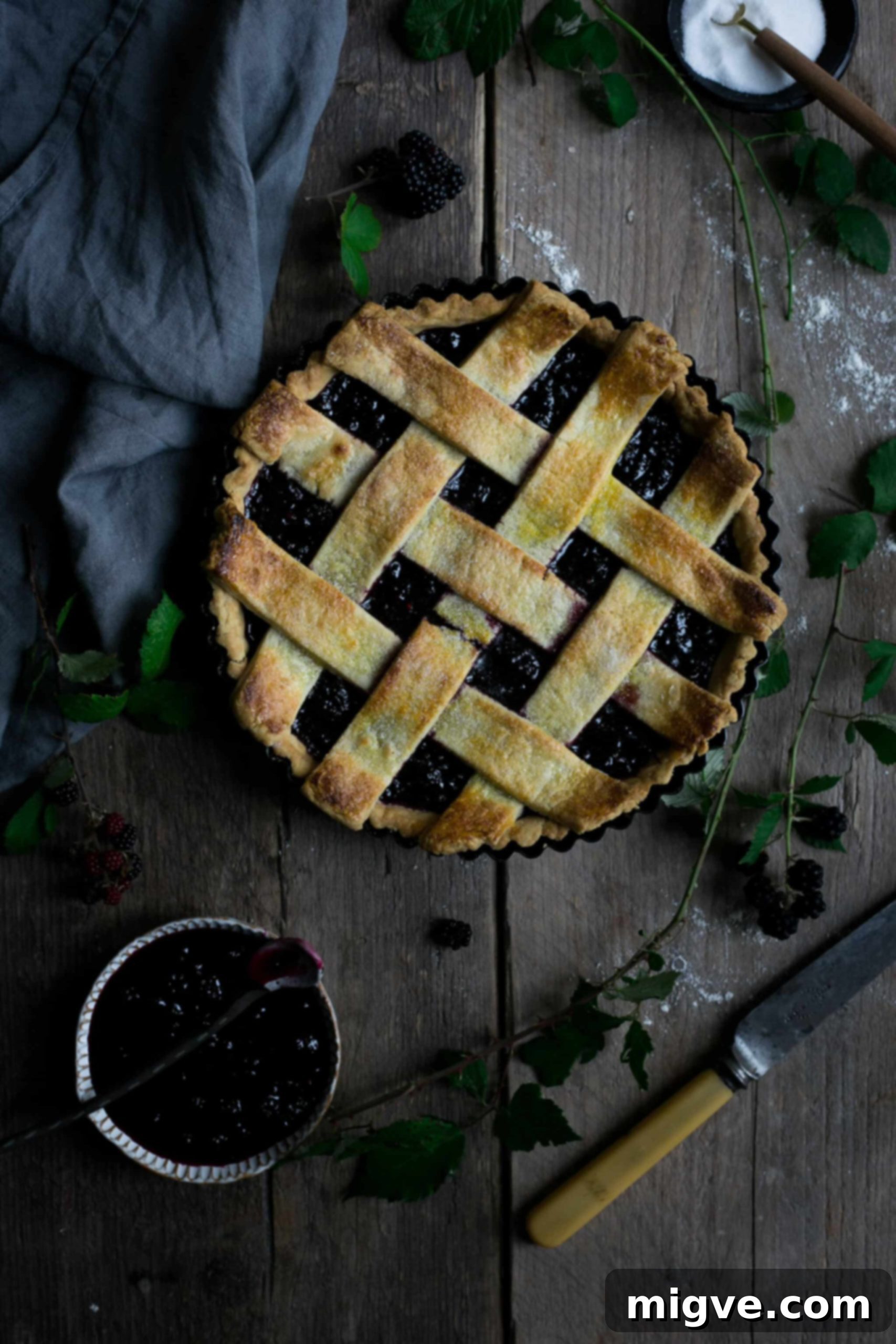 Homemade blackberry and lattice tart for autumn baking