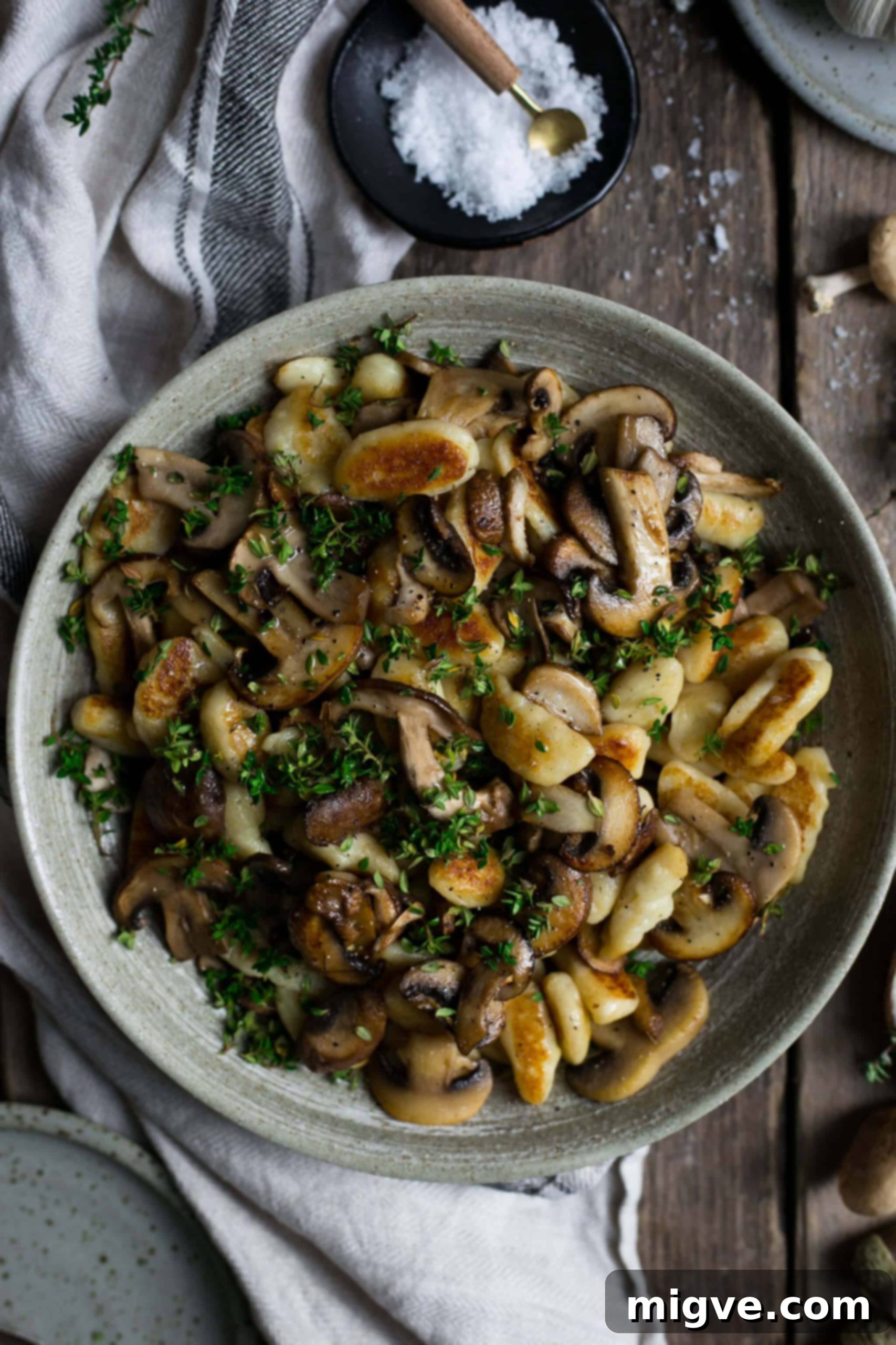 Thyme Scented Mushroom Gnocchi Plant Based 5 Savory Vegan Mushroom Gnocchi with Fresh Thyme and Dry White Wine