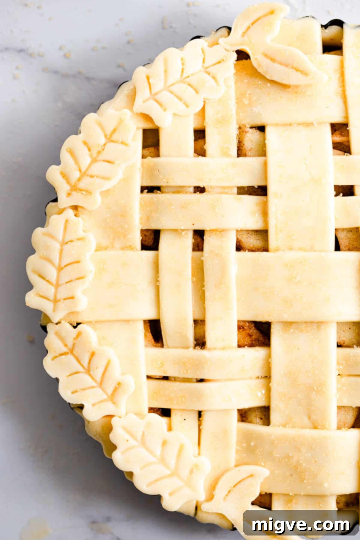 A close-up shot of an unbaked apple pie, emphasizing the meticulously crafted lattice top and decorative pastry details around the edge of the pie dish.