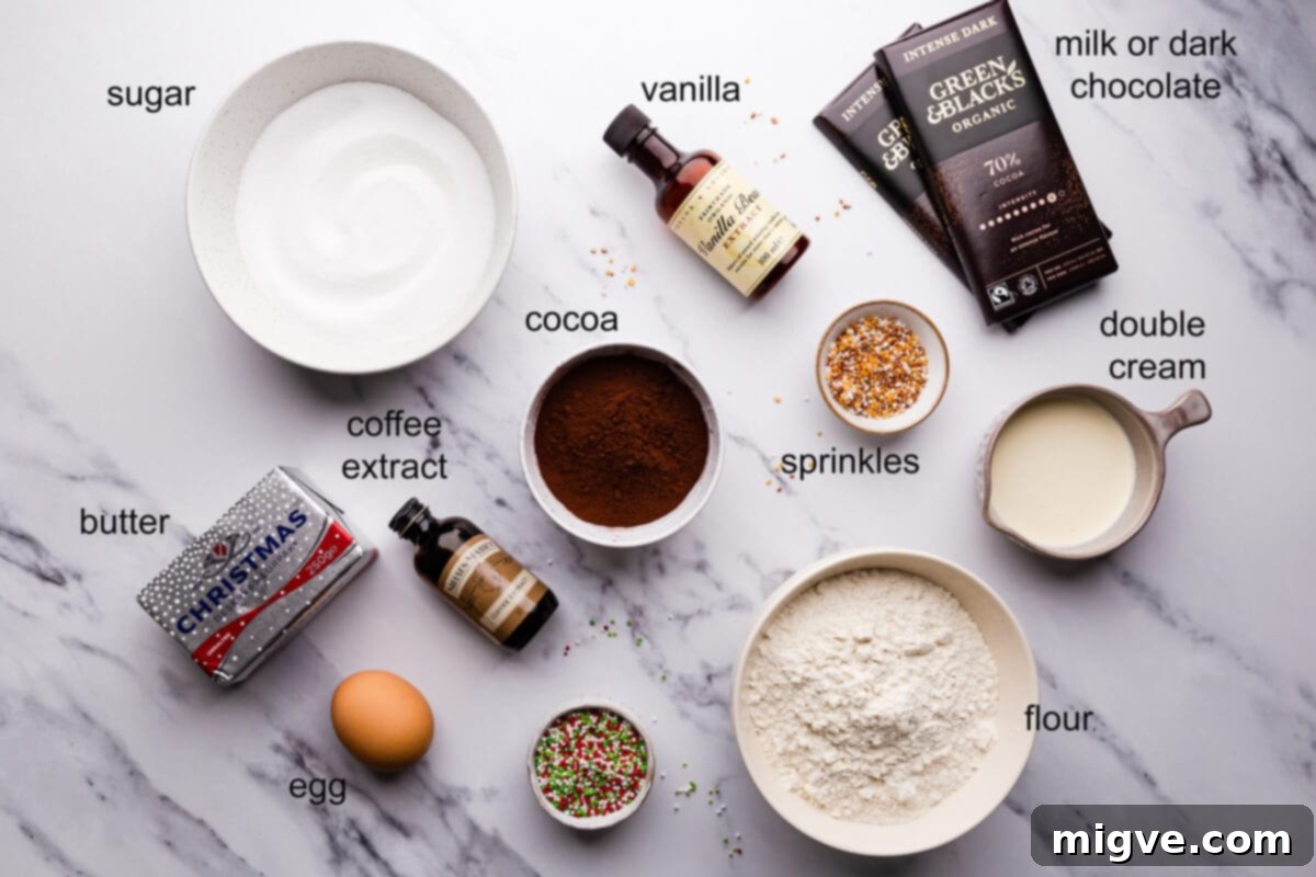 Overhead shot showcasing all the essential ingredients laid out for making chocolate thumbprint cookies, including flour, cocoa powder, butter, sugar, egg, vanilla, coffee extract, chocolate, cream, and sprinkles.