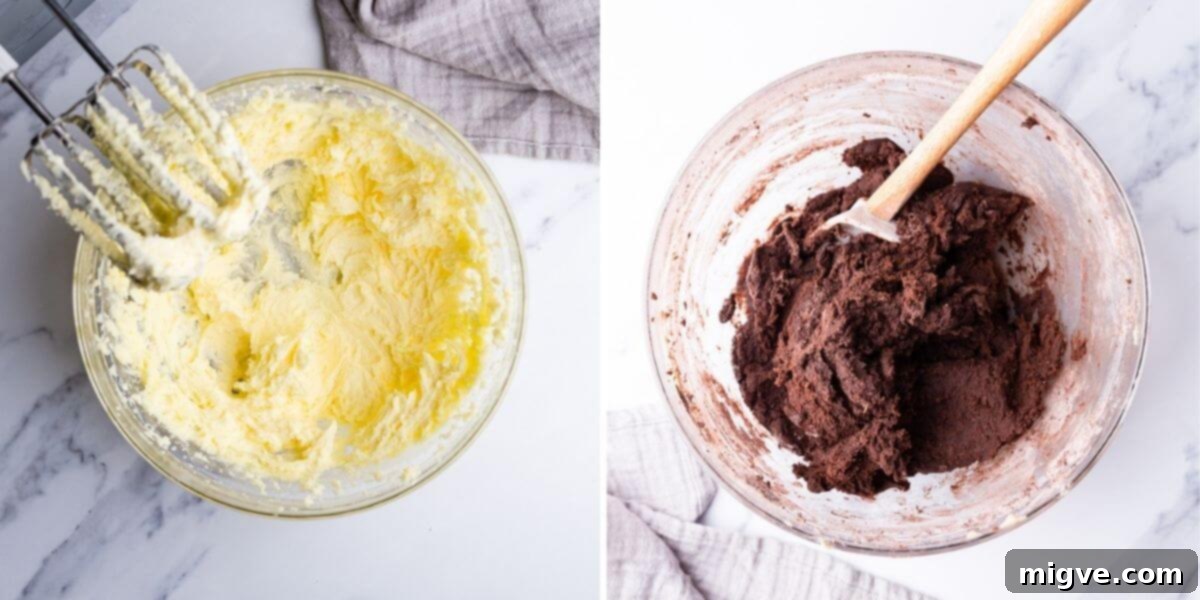 Side-by-side comparison showing a bowl of perfectly creamed butter and sugar next to a bowl of rich chocolate cookie dough, demonstrating two key stages of preparation.