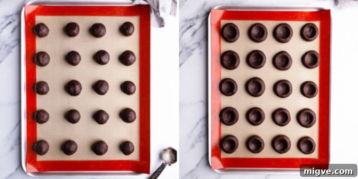 Close-up side-by-side photos illustrating the process of shaping chocolate cookie dough into neat balls and then creating the central thumbprint indent before chilling.