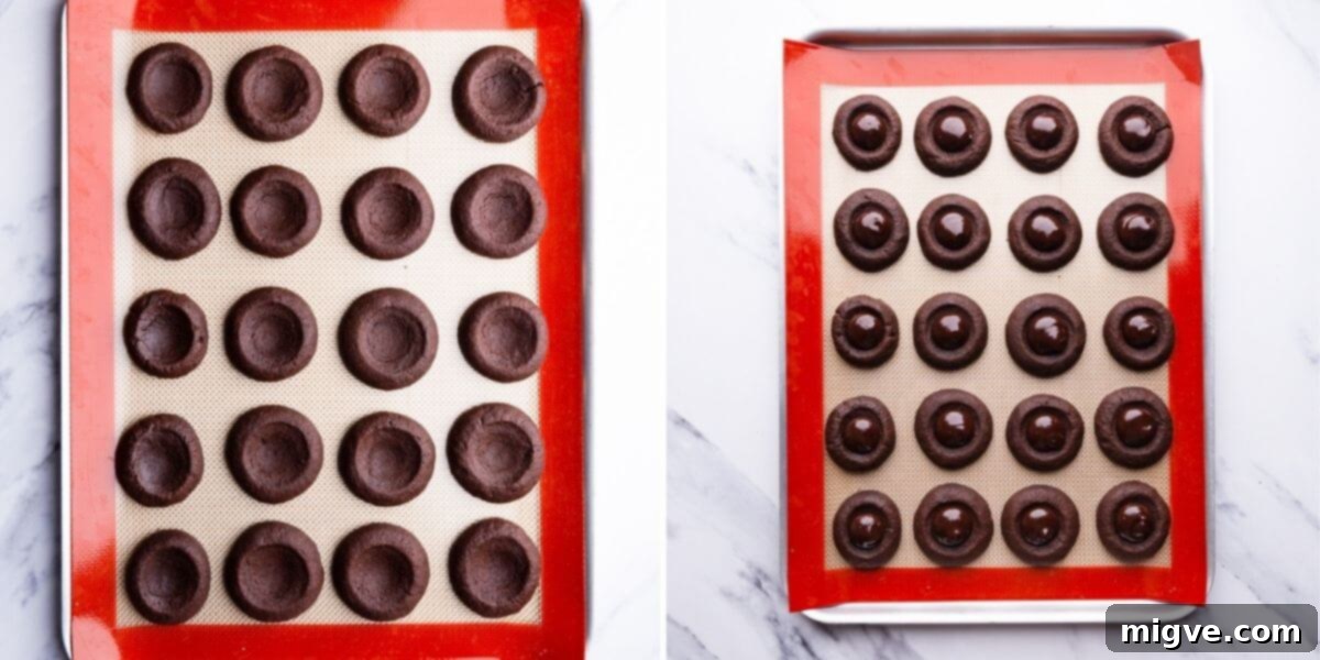 Two images side-by-side: freshly baked chocolate thumbprint cookies cooling on a tray and finished cookies beautifully filled with chocolate ganache and sprinkles.