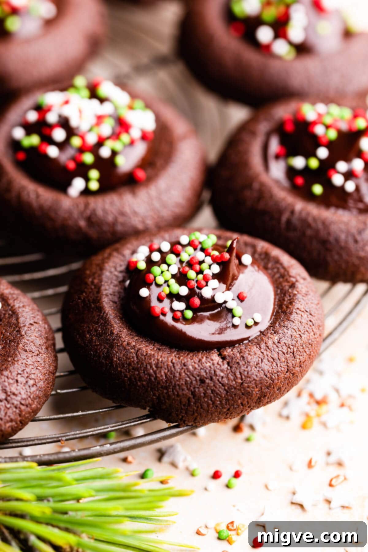 Close-up side view of a single perfectly baked chocolate thumbprint cookie, filled with ganache and sprinkles, resting on a round wire cooling rack.