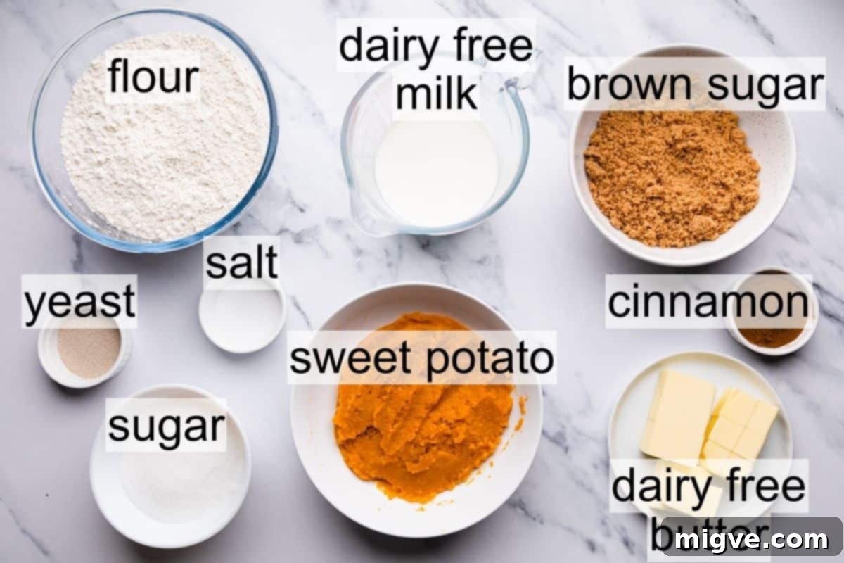 bowls with ingredients for vegan cinnamon rolls with sweet potato and with text labels.