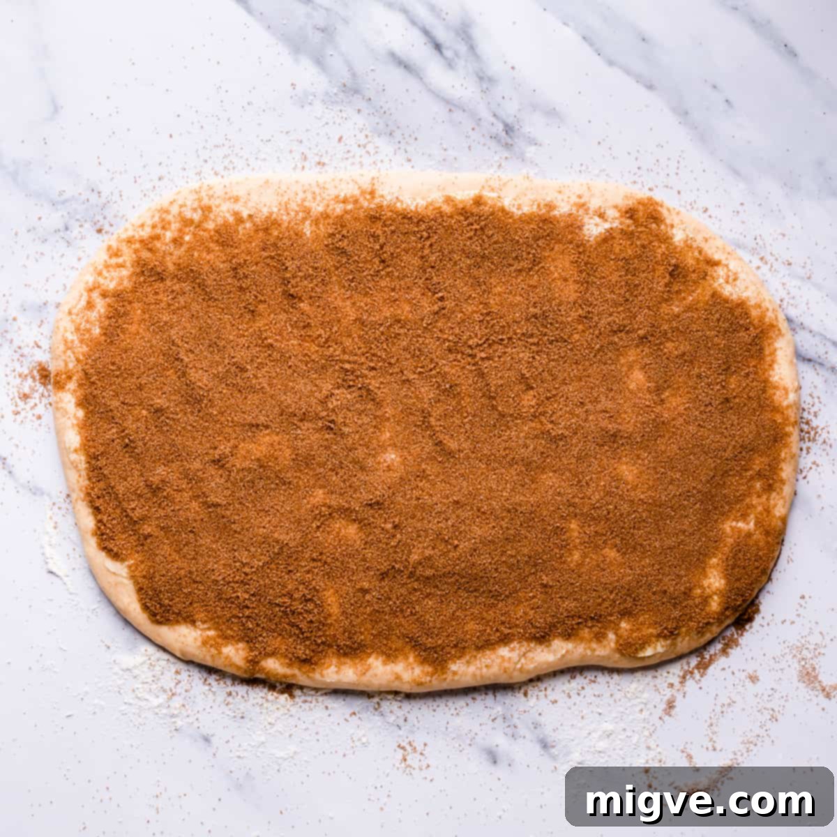 dough rolled into rectangle and topped with butter and cinnamon sugar.