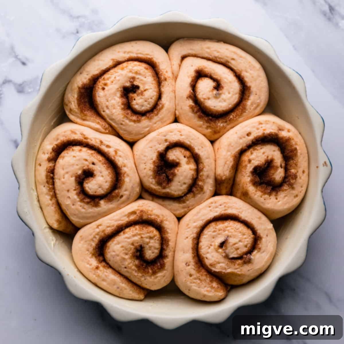 doubled in size slices of vegan sweet potato cinnamon rolls before baking inside of the round pie dish.