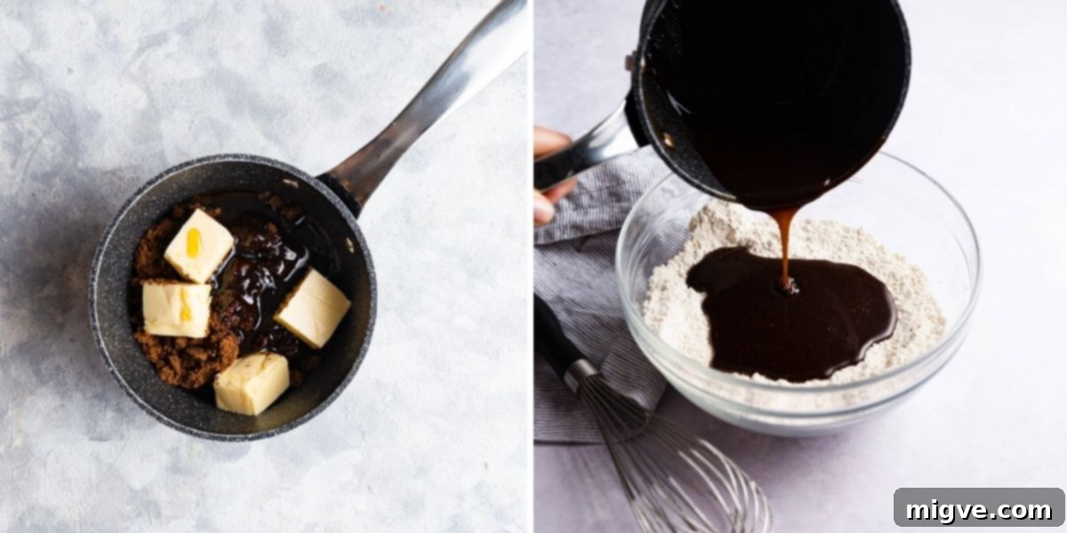 Pillowy Soft Gingerbread Cookies 4 A two-part image showing, on the left, melted butter, sugar, and golden syrup in a saucepan, and on the right, the cooled liquid mixture being poured into a bowl of dry ingredients for gingerbread dough.