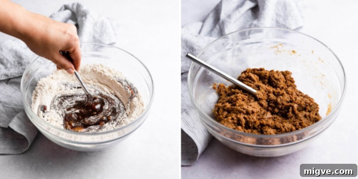 Pillowy Soft Gingerbread Cookies 5 Side angle photos illustrating the process of making gingerbread cookie dough in a mixing bowl, showing its transformation from loose ingredients to a cohesive ball.