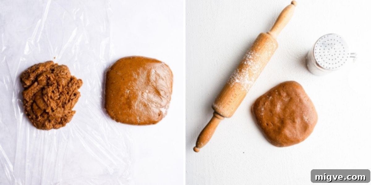 Pillowy Soft Gingerbread Cookies 6 Overhead view of two gingerbread cookie dough discs, one before chilling (soft) and one after chilling (firm and ready to roll).