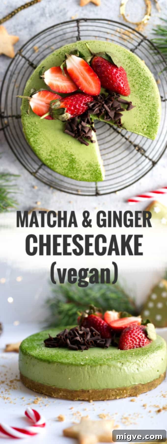 Delicious vegan matcha ginger cheesecake, featuring a rich, velvety green tea filling and a subtly spiced base. This dairy-free dessert is a perfect healthy indulgence.
