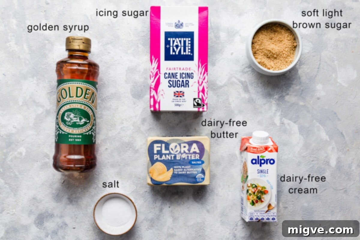 Top-down view of ingredients specifically for the vegan salted caramel sauce, with labels for easy identification.