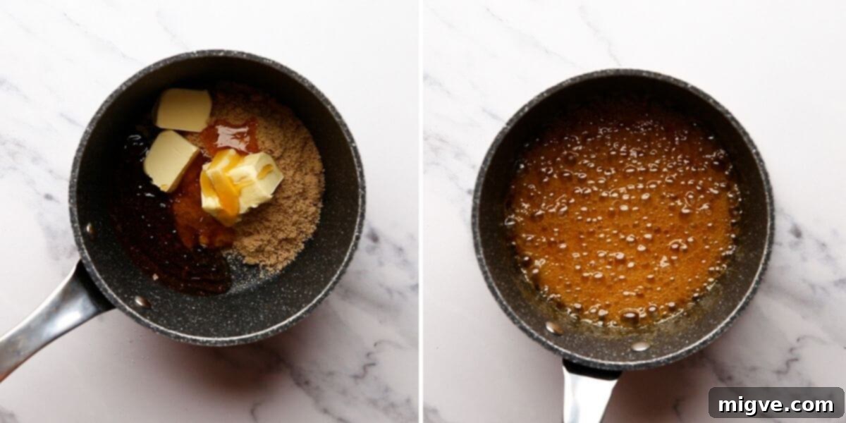 Side-by-side photos demonstrating the process of making vegan caramel sauce, showing liquid ingredients transforming into a smooth, golden mixture.