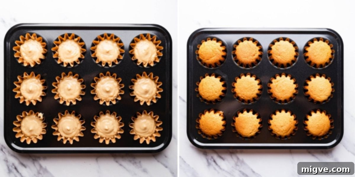 Side-by-side comparison of vegan cupcakes before and after baking, showing the batter in cases and the golden, risen cakes.