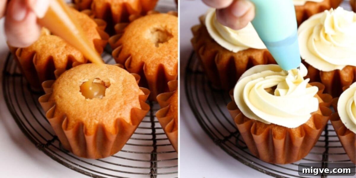 Side-view photos showing the process of filling cupcakes with caramel and topping them with buttercream frosting.
