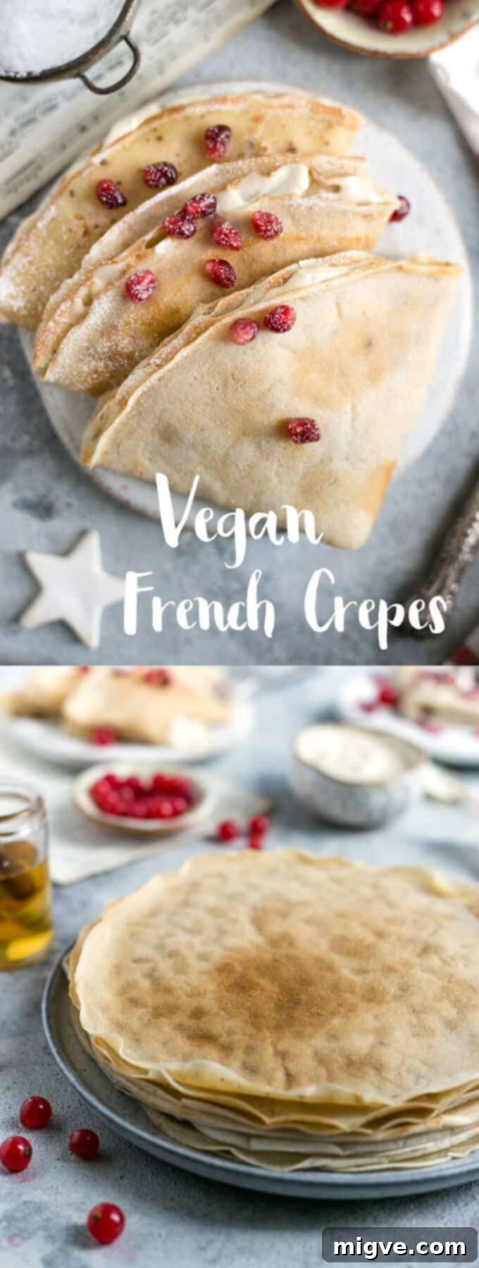 Classic French crepes recipe, perfect as a breakfast or dessert, now vegan and dairy-free!