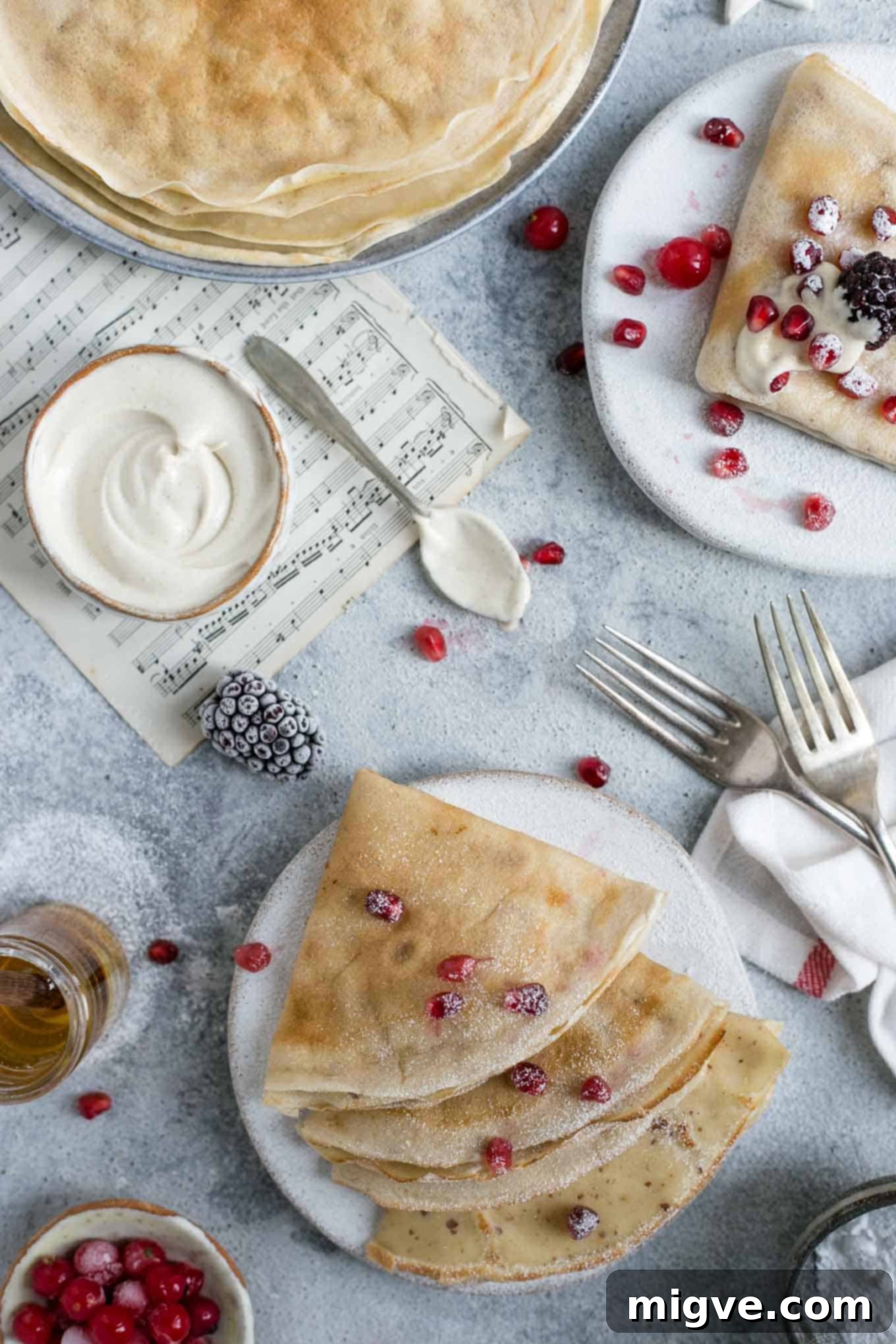 Delicate and delicious vegan French crepes with creamy cashew filling for breakfast
