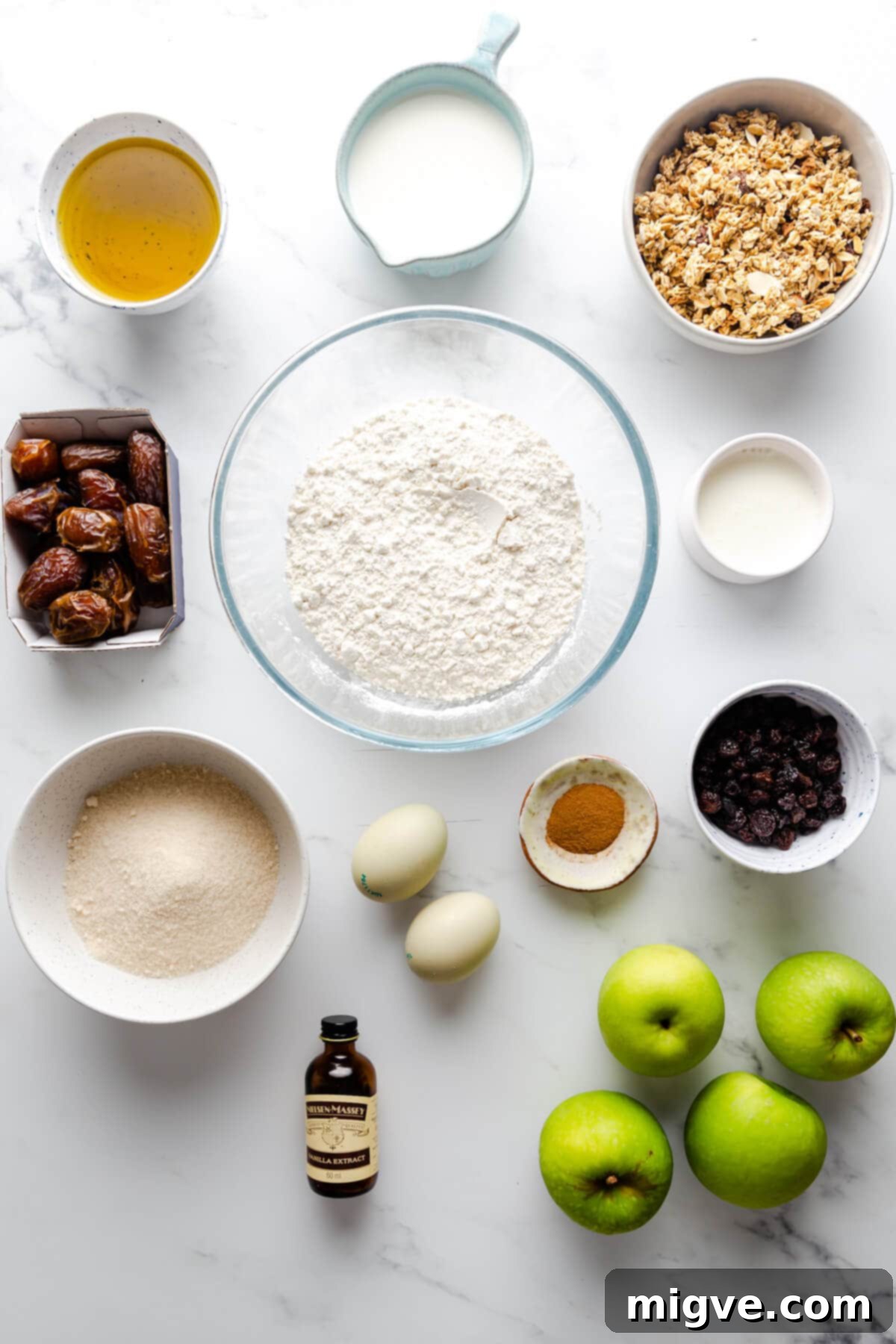 overhead view of the ingredients for apple and granola muffins
